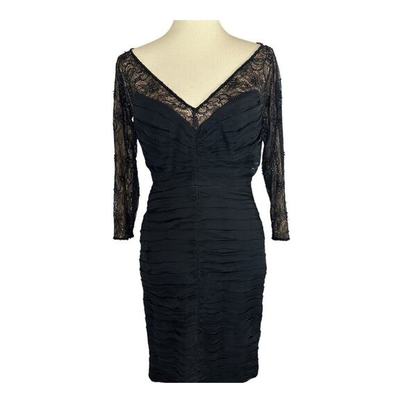 Tadashi Off Shoulder Silk Black Long Sleeve Cocktail Midi Dress Sz 10 Illusion - Picture 3 of 11